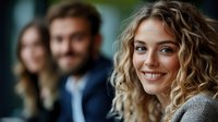 Young woman with curly blonde hair and bright smile in casual grey sweater looking at camera, with blurred people in background during social gathering.