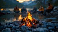 Cozy campfire burning bright on rocky shore at dusk, with group of friends relaxing by mountain lake. Warm flames illuminate stones while sunset reflects on calm water.