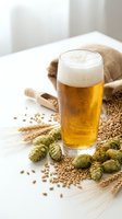 Fresh craft beer glass with foam surrounded by hops, wheat grains and barley on white wooden table for brewing and beverage industry concepts.
