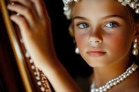 Young female model with blue eyes wearing pearl jewelry and crown against dark background, dramatic lighting highlights facial features and elegant accessories.