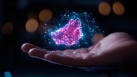 Glowing pink heart constellation floating above open palm with magical sparkles and bokeh lights in dark background, digital art concept for love and romance.