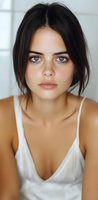 Young woman with striking blue eyes and freckles wearing white tank top, natural makeup look and dark short hair in casual portrait against light background.
