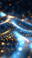 Abstract wave of glowing golden and blue particles flowing with bokeh effect on dark background, creating magical light trails and sparkling atmosphere.