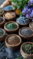 Variety of healthy seeds and grains in wooden bowls on dark background. Quinoa, chia, lentils and other superfoods for nutritious cooking. Perfect for wellness blogs and healthy eating concepts.