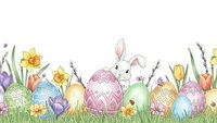 Easter bunny sitting in decorated egg among colorful painted eggs, spring flowers and grass on white background for holiday designs and greeting cards.