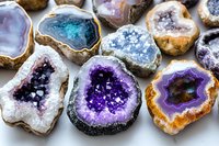 Collection of colorful amethyst and agate geode specimens with purple, blue and crystal formations for mineral collecting and spiritual healing practices.