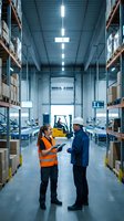 Two warehouse workers discussing logistics in modern distribution center with shelving systems and forklift operations for supply chain management.