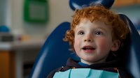 Young child with red curly hair smiling while sitting in dental chair during routine checkup, expressing positive emotions at dentist appointment. Healthcare concept.