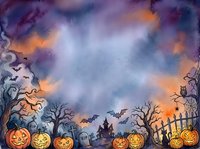 Halloween watercolor background with jack-o-lanterns, bats, haunted house, graveyard, and spooky trees. Copy space for text or design.