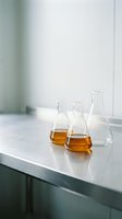 Laboratory flasks containing amber and clear liquid samples on white countertop in bright scientific setting, suitable for chemistry, research, and education materials.
