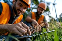 Two male construction workers in orange safety vests and hard hats examining plants outdoors using digital tablet for environmental site assessment project.