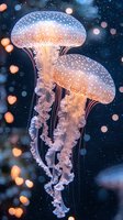 Luminescent jellyfish floating in dark waters with glowing spotted umbrella caps and flowing tentacles against bokeh lights background, creating magical underwater scene.
