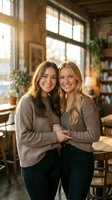 Two smiling young Caucasian women in casual sweaters pose together in a sunlit cozy cafe, radiating friendship, warmth, and positive energy.