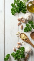 Fresh parsley and garlic cloves with olive oil on rustic white wooden background for cooking and culinary preparations.