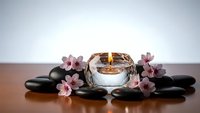 Zen spa composition with burning candle in glass holder surrounded by smooth black hot stones and delicate pink cherry blossoms on wooden surface.