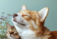 Peaceful ginger corgi dog and tabby cat sleeping together among white wildflowers against mint green background, showing friendship between pets.