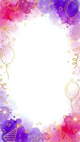 Festive celebration frame with golden balloons, confetti and watercolor splashes on white background for party invitations and greeting cards.