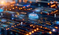 Glowing circuit board with futuristic microchip and digital connections in blue and orange tones, representing advanced computing technology and artificial intelligence.