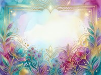 Watercolor floral frame with gold art deco border, vibrant teal, purple and pink blooms, copy space for wedding or celebration card.
