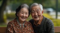 Cheerful senior Asian couple sitting outdoors, sharing genuine smiles and tender moment together. Gray-haired elderly husband and wife enjoying retirement in park setting.