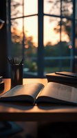Open book on wooden desk near window at sunset, with pencil holder and warm natural lighting creating cozy study atmosphere.