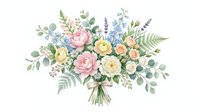 Watercolor floral bouquet with pink roses, yellow flowers and eucalyptus leaves isolated on white background for wedding invitations and greeting cards.