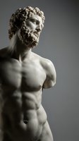 Classical marble bust sculpture of a bearded male figure with curly hair and muscular torso, ideal for art history, museum, and educational content.