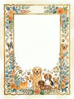 Decorative floral frame with cute dogs and paw prints on white background. Pet-themed border design for invitations, cards, and scrapbooking projects.