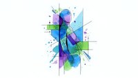 Abstract geometric composition with vibrant blue, purple and green shapes, lines and splashes on white background for modern digital art projects.