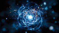 Glowing blue energy sphere with light trails and particles creating dynamic orbital paths against dark background. Abstract cosmic concept shows motion and connectivity.