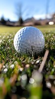 Golf ball resting on green grass with morning dew drops, blurred golf course background, sports equipment for recreational activities and tournaments.