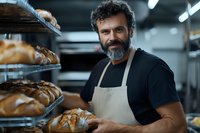 Middle-aged bearded baker with gray hair wearing apron stands proudly near freshly baked bread on shelves in bakery. Professional artisan baker in small business setting.