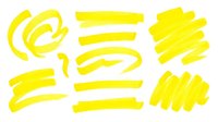 Bright yellow highlighter marker strokes and underline marks isolated on white background, ready for design, presentations, and educational materials.