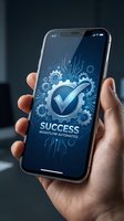Smartphone displaying success message with checkmark and gear icons on blue digital interface, held by hand showing workflow automation technology concept for business applications.