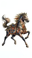 Ornate horse with flowing mane and tail wearing decorative saddle and bridle, isolated on white background, suitable for design, apparel, and clipart applications.