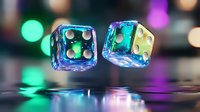 Glowing translucent dice with cosmic pattern floating in space against blurred bokeh background, featuring blue and purple iridescent reflections and magical atmosphere.