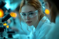 Young female scientist in protective eyewear working with microscope in modern laboratory. Dramatic blue lighting and bokeh effects create research atmosphere.