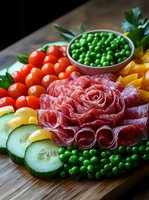 Fresh appetizer platter with rolled salami, cherry tomatoes, cucumber slices, yellow bell peppers and green peas arranged on wooden cutting board.