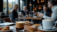 Coffee shop atmosphere with fresh pastries, cappuccino and latte drinks on wooden table, blurred business people meeting in background, warm cafe ambiance.
