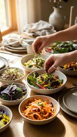 Woman hands garnishing fresh healthy salad bowls with microgreens on wooden table in warm sunlit kitchen for nutritious meal preparation.