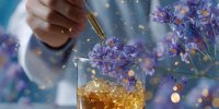 Dropper adding essential oil to glass with crystals and purple delphinium flowers against blurred bokeh background, aromatherapy and wellness concept.