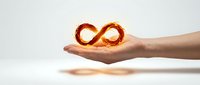Glowing infinity symbol held in open palm against white background, representing endless possibilities, sustainability, and continuous growth for business concepts.
