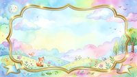 Watercolor pastel children frame with cute fox, birds, flowers, rainbow clouds and golden border, copy space for text, isolated design.