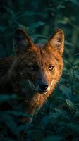 Wild fox portrait with golden eyes gazing directly at camera in natural forest habitat with warm sunlight illuminating orange and brown fur against dark foliage.
