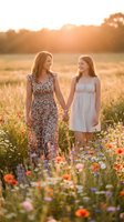 Two young women holding hands in wildflower meadow during golden hour sunset, friendship and sisterhood concept for lifestyle and wellness content.