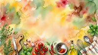 Watercolor cooking background with fresh vegetables, herbs, kitchen utensils, and ingredients arranged on checkered cloth. Soft pastel colors ideal for food blogs, recipes, culinary designs.