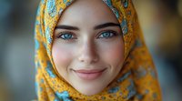 Young woman wearing yellow and blue floral hijab smiling at camera with bright blue eyes and natural makeup, close up portrait against soft blurred background.