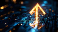 Glowing upward arrow symbol on digital circuit board background with bokeh lights, representing growth, success and technological advancement in business.