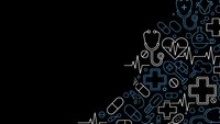 Medical healthcare icons pattern on black background with copy space for text and design elements in modern minimalist style.