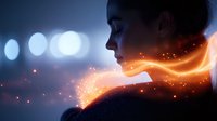 Young woman silhouette with glowing orange light trail effect against dark background with bokeh lights, mystical energy concept for spiritual and wellness designs.